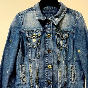 Guess distressed denim jean jacket with gold paint speckles, GUC